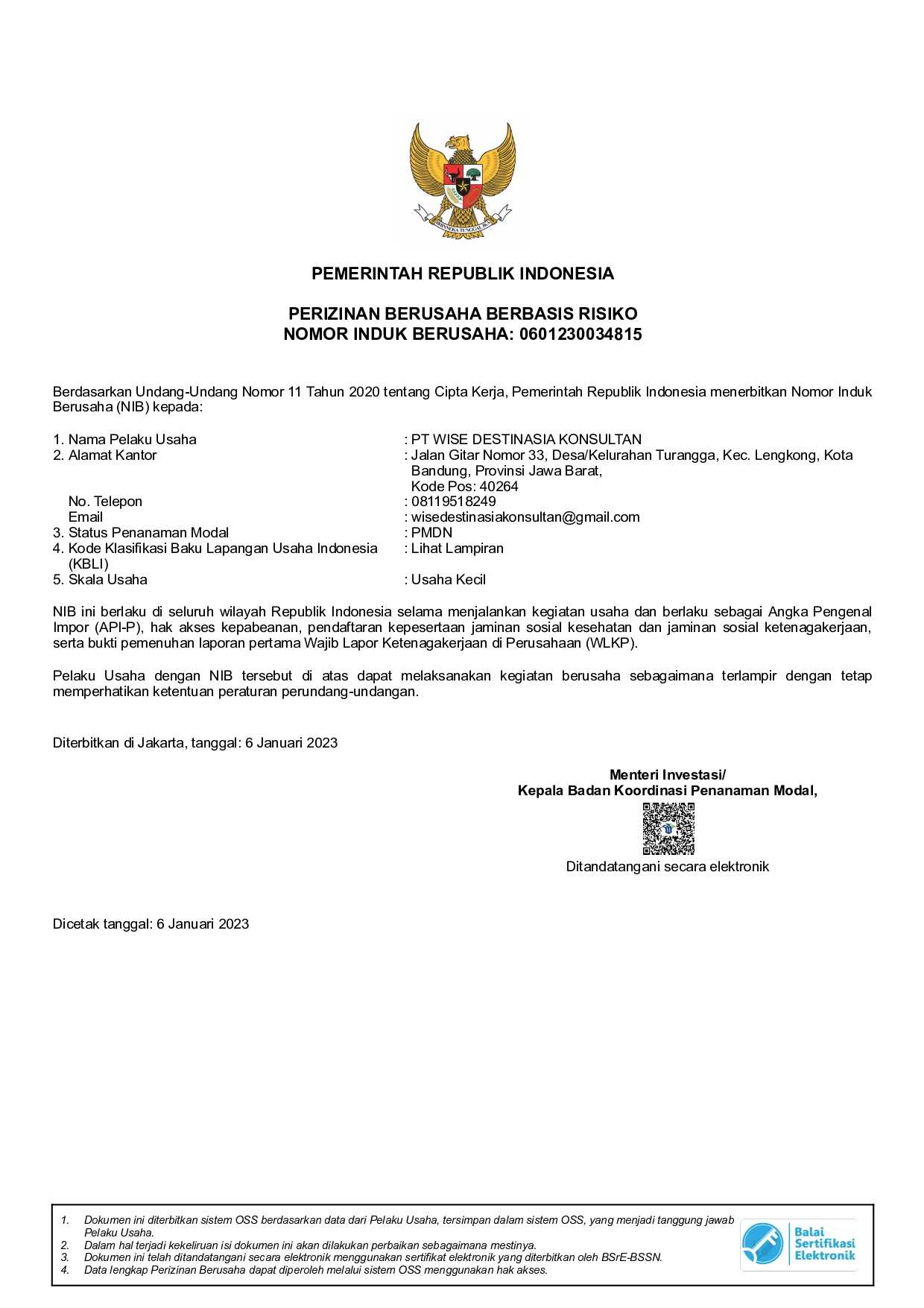 NIB PT Wise Destinasia Konsultan